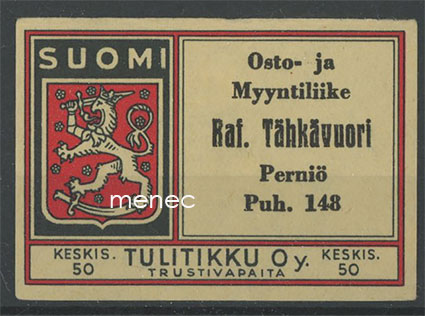 Tulitikkuetiketti, Osto- ja myyntiliike Raf. Tähkävuori, Perniö 