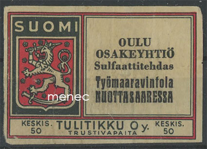 Tulitikkuetiketti, Oulu Oy Sulfaattitehdas, Oulu, työmaaravintola Nuottasaaressa 