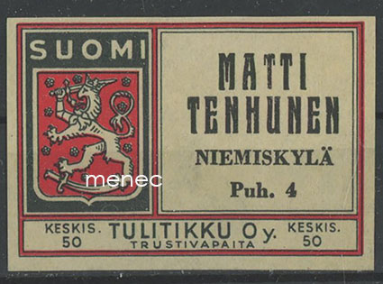 Tulitikkuetiketti, Matti Tenhunen, Niemiskylä, Kiuruvesi 