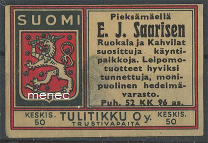 Tulitikkuetiketti, E. J. Saarisen Ruokala ja Kahvilat, Pieksämäki 