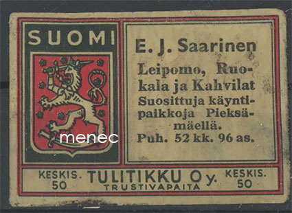 Tulitikkuetiketti, E. J. Saarinen, Leipomo, Ruokala ja Kahvilat, Pieksämäki 