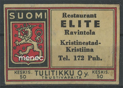 Tulitikkuetiketti, Ravintola Elite, Kristiinankaupunki 