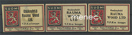 Tulitikkuetiketti, Osakeyhtiö Rauma Wood, V.P.K:n kauppa, 4 erilaista 