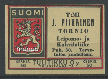 Tulitikkuetiketti, T:mi Piirainen, Tornio 