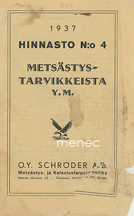 Hinnasto N:o 4 metsästystarvikkeista y.m. 1937 