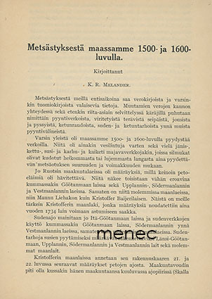 Melander, K. R. - Metsästyksestä maassamme 1500-  ja 1600-luvulla 