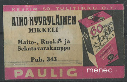 Kauppiasetiketti, Paulig, Aino Hyyryläinen, Mikkeli 