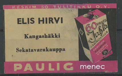 Kauppiasetiketti, Paulig, Elis Hirvi, Kangashäkki, Uurainen 