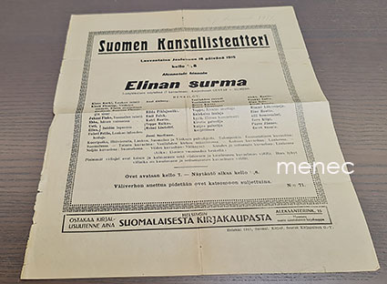 Suomen Kansallisteatteri, Elinan surma, ohjelmaesite 1915 