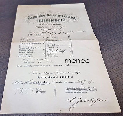 Suomalainen Waltiolyseo Turussa. Lukukausi-todistus 1892