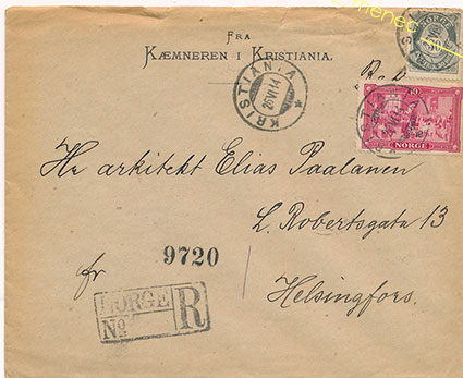 Postilähetys, Norja 1914, kirjattu, Suomeen 
