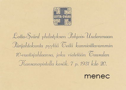 Lotta Svärd, kutsu Pohjois-Uudenmaan Piirijohtokunnan 10-vuotisjuhlaan Tuusulassa 