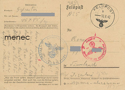 SS-Feldpost -kortti, suomalaiselta SS-mieheltä  