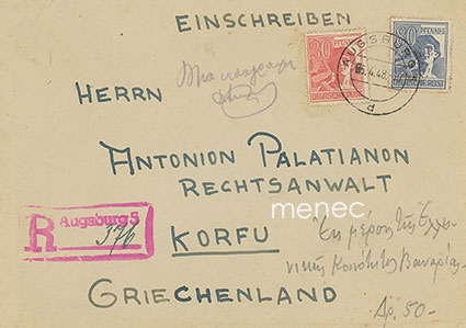 Saksa, USA:n miehitysvyöhyke, Augsburg 1948, kirjattu lähetys Korfulle - Greek Vice-President Community Augsburg 