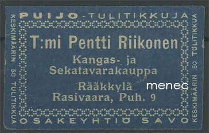 Kauppiasetiketti, T:mi Pentti Riikonen, Rääkkylä, Rasivaara 