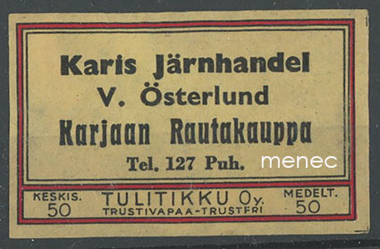 Kauppiasetiketti, Karjaan Rautakauppa, V. Österlund 