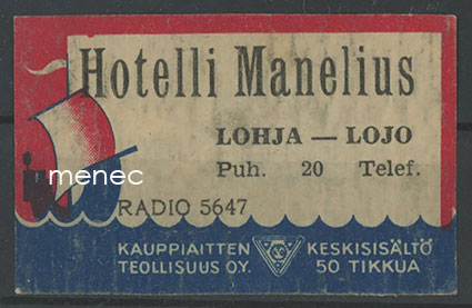 Tulitikkuetiketti, Hotelli Manelius, Lohja 