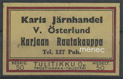 Kauppiasetiketti, Karjaan Rautakauppa V. Österlund 