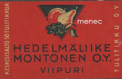 Tulitikkuetiketti, Hedelmäliike Montonen, Viipuri 