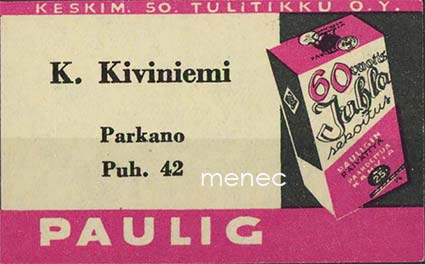 Kauppiasetiketti, Paulig, K. Kiviniemi, Parkano 
