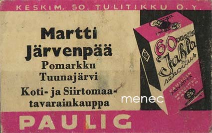 Kauppiasetiketti, Paulig, Martti Järvenpää, Pomarkku, Tuunajärvi 