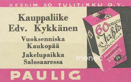 Kauppiasetiketti, Paulig, Kauppaliike Edv. Kykkänen, Vuoksenniska, Kaukopää, Imatra 