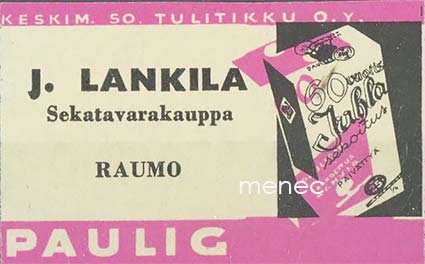 Kauppiasetiketti, Paulig, J. Lankila, Rauma 