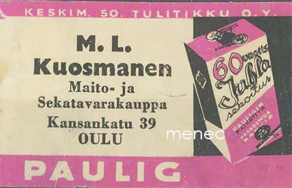 Kauppiasetiketti, Paulig, M. L. Kuosmanen, Oulu 