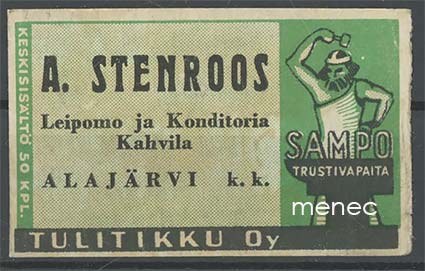 Seppä-etiketti, vihreä, A. Stenroos, Alajärvi k. k. 