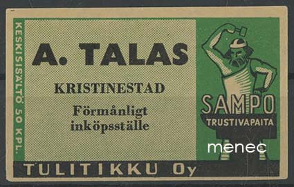 Seppä-etiketti, vihreä, A. Talas, Kristiinankaupunki 
