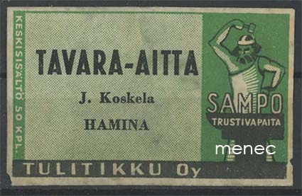 Seppä-etiketti, vihreä, Tavara-Aitta J. Koskela, Hamina 