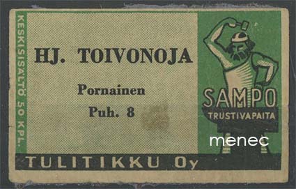 Seppä-etiketti, vihreä, Hj. Toivonoja, Pornainen 