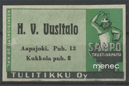 Seppä-etiketti, vihreä, H. V. Uusitalo, Aapajoki, Kukkola. Tornio 