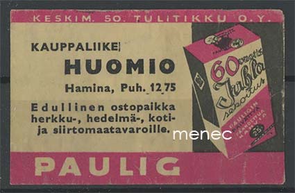 Kauppiasetiketti, Paulig, Kauppaliike Huomio, Hamina 