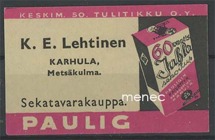 Kauppiasetiketti, Paulig, K. E. Lehtinen, Karhula, Metsäkulma 