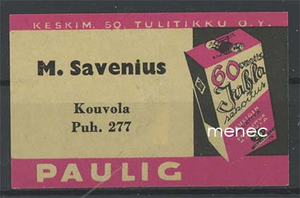 Kauppiasetiketti, Paulig, M. Savenius, Kouvola 