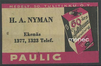 Kauppiasetiketti, Paulig, H. A. Nyman, Tammisaari 