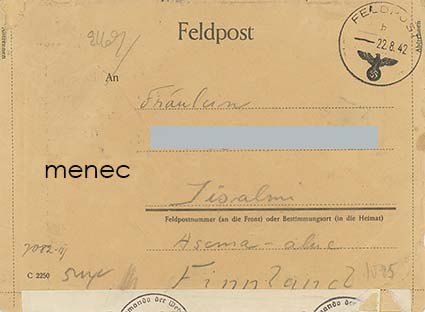 Feldpost-kirjekortti, suomalaiselta SS-mieheltä 