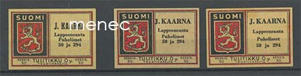 Tulitikkuetiketti, J. Kaarna, Lappeenranta, 3 eri ladelmaa 