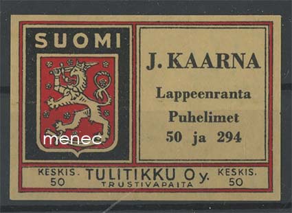 Tulitikkuetiketti, J. Kaarna, Lappeenranta 