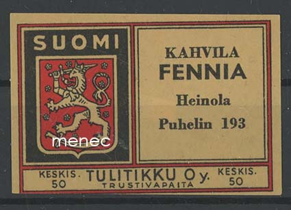 Tulitikkuetiketti, Kahvila Fennia, Heinola 