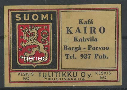 Tulitikkuetiketti, Kafé Kairo, Porvoo 