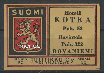 Tulitikkuetiketti, Hotelli Kotka, Rovaniemi 