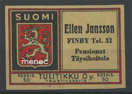 Tulitikkuetiketti, Ellen Jansson, täysihoitola, Särkisalo (Finby) 