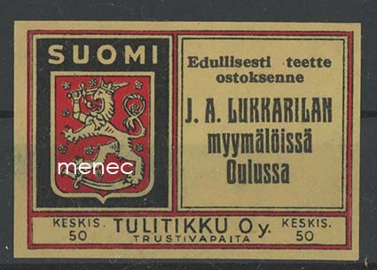 Tulitikkuetiketti, K. A. Lukkarilan myymälät, Oulu 