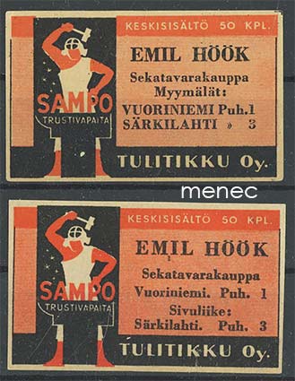 Seppä-etiketti, Emil Höök, Vuoriniemi, Särkilahti, 2 eri ladelmaa 