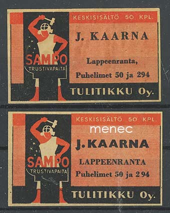 Seppä-etiketti, J. Kaarna, Lappeenranta, 2 eri ladelmaa 