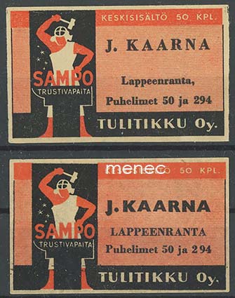 Seppä-etiketti, J. Kaarna, Lappeenranta, 2 eri ladelmaa 
