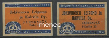 Kauppiasetiketti, Jokivuoren Leipomo ja Kahvila, Järvenpää, 2 erilaista 