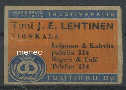 Kauppiasetiketti, J. E. Lehtinen, Virkkala 